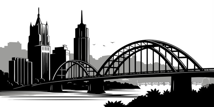 Pittsburgh USA &ndash; Skyline with Bridges Silhouette Minimalist Black and White Monochrome Travel Poster Featuring Iconic Steel City Architecture & Riverfront Design