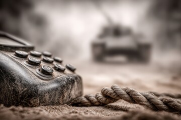 Fototapeta premium A gritty scene depicting obsolete communication: an old rotary phone, a rope, and a blurry war tank, evoking a sense of outdated strategies and technologies.