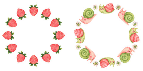 Strawberry wreath and fun wreath with funny snails. Set of two wreaths. Round frames in cartoon style with garden or forest elements. Hand-drawn watercolor illustration isolated on a white background © Lenka Za