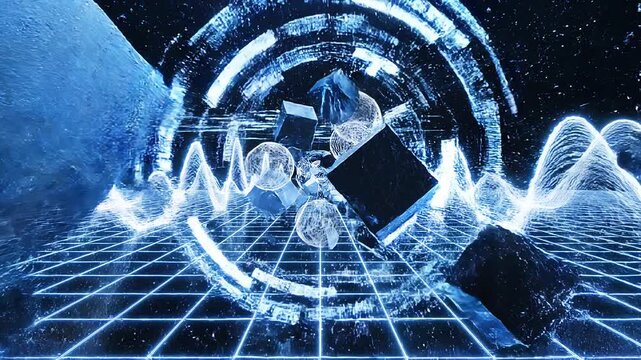Glowing blue sound waves on a grid floor in a dark room