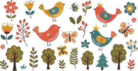 Naklejka premium Whimsical colorful birds flowers trees and butterflies illustration on white background