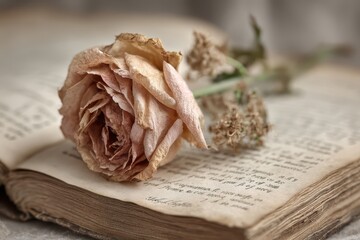 Vintage rose resting on an antique book with aged pages and delicate script, creating a nostalgic, romantic still life, conveying the beauty of time and memories.