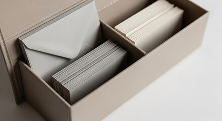 Elegant beige stationary organizer box with envelopes and paper cards