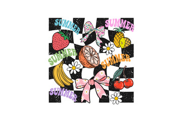 Distorted Checkered Background with Summer Fruits and Bows Sublimation Design
