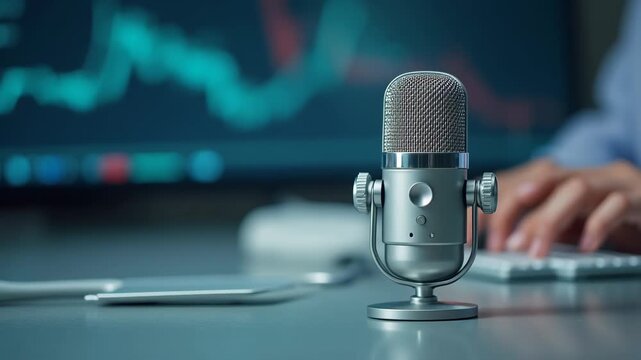 Professional condenser microphone recording vital medical information for a health podcast broadcast 
