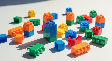 Naklejka premium Colorful Building Blocks Scattered on White Surface for Creative Play.