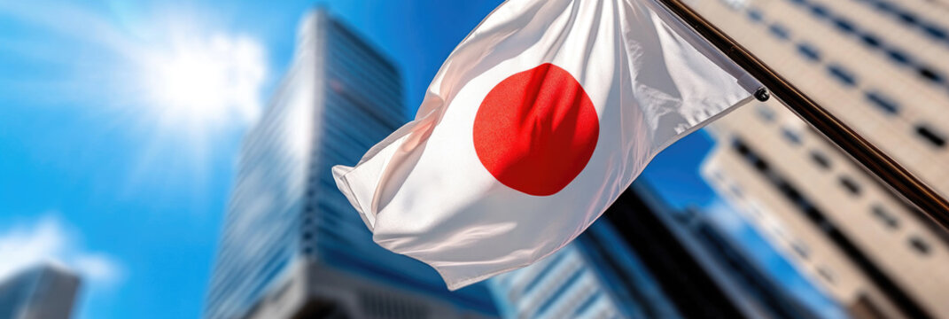 Japan flag showing national pride, Hinomaru symbol of Japanese people and tradition, waving fabric representing Asian culture and national identity on a building facade