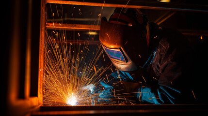 Welder in welding helmet performs arc welding on steel plate inside dim industrial bay with sparks and orange glow wearing protective gloves and welding jacket