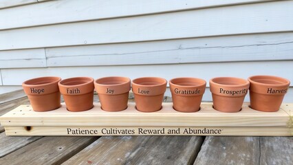 Naklejka premium Seven Terracotta Pots with Virtues Inspiring Patience, Reward, and Abundance