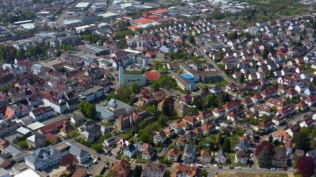 Aerial view of the city and old town in Sinsheim in south Germany on a sunny afternoon in Spring 