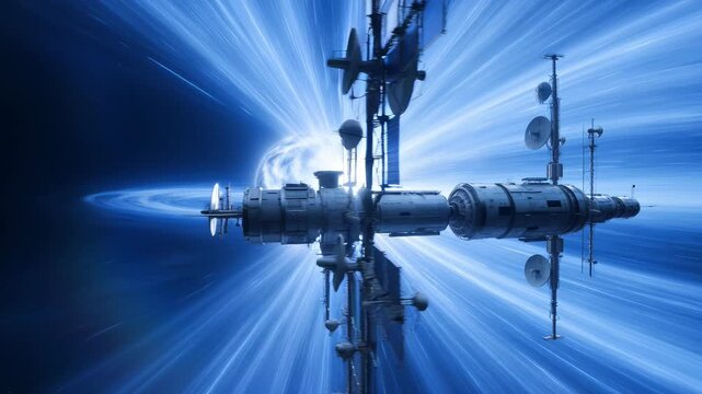 Scifi spaceship hurtling through a cosmic vortex near a bright energy source