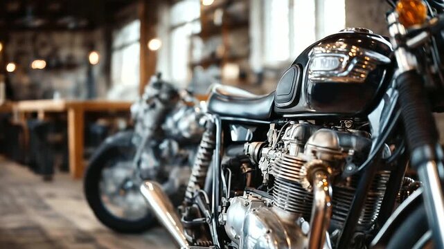 Classic motorcycle engine components close-up, custom parts, workshop backdrop, vintage mechanical elements, garage setting, with copy space