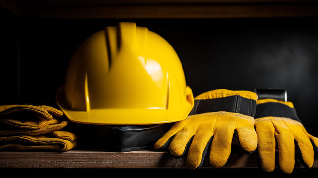Industrial safety hardhat and gloves on a studio shelf with protective gear and PPE neatly arranged as workwear and equipment