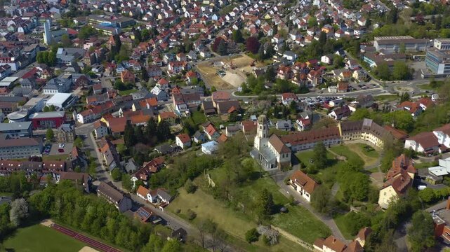 Aerial view of the city and old town in Sinsheim in south Germany on a sunny afternoon in Spring 