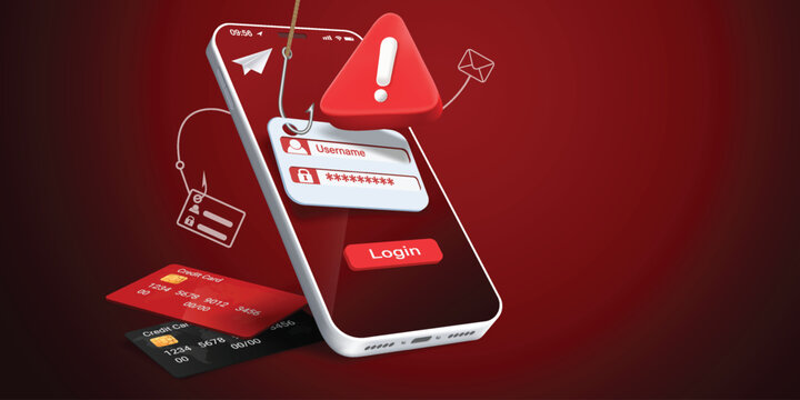 Financial fraud and credit card scam alert concept with 3D smartphone, fake banking interface, payment warning notification, phishing cyber crime attack, online theft and security risk illustration.