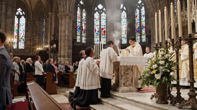African american woman praying during mass in a cathedral. Group of catholics at christian liturgy service. Priest performing ritual with incense at altar.