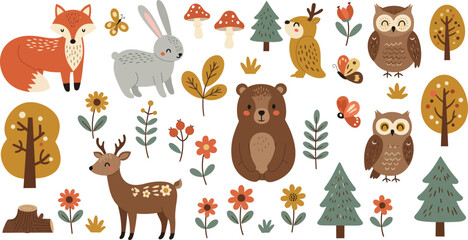 Fototapeta premium Whimsical forest animals and foliage illustrations in autumn colors on white background