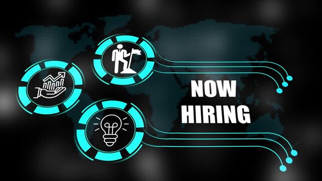 now hiring concept with icons of business, responsibility, customers, integrity, goals, teamwork, commitment and innovation. 4k animation.
