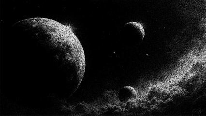 Space background with planets in stipple style. Cosmic scene showing celestial bodies and galaxy. Vintage dotted texture for astronomy design projects. Abstract universe art illustration. © hiten666