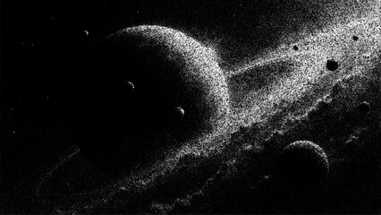 Abstract space background with planet and ring created in stipple art style. Minimalist universe illustration with dots for cosmic graphic design, celestial wallpaper and science art. © hiten666