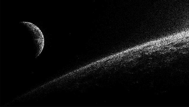 Moon orbiting planet with ring system represented by stipple art style. Cosmos background created with dot pattern technique. Outer space illustration for science and astronomy design.