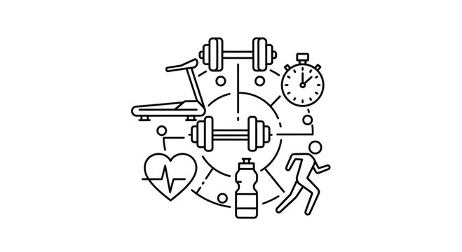 Fitness and Health Icons: Dumbbells, Treadmill, Heartbeat, Stopwatch, Water Bottle, Runner
