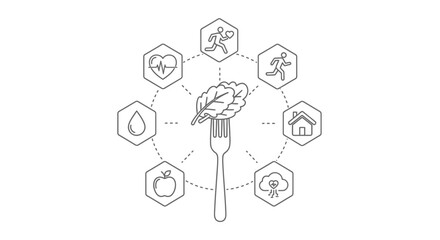 Naklejka premium Healthy Lifestyle Concept: Fork with Salad Surrounded by Icons of Fitness, Water, Apple, Home, and Weather