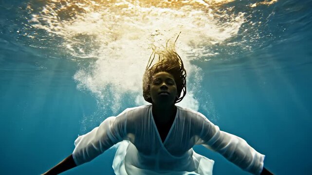 African American woman wearing white dress swimming underwater. Girl submerged in blue sea with bubbles surface light. Concept of serenity and underwater freedom.