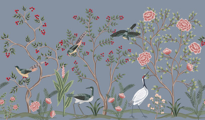 Fototapeta premium Vintage botanical garden tree, crane, bird, plant floral seamless border. Exotic chinoiserie mural.