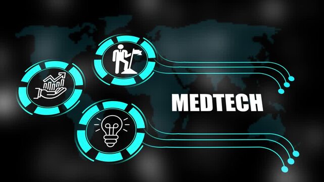 medtech concept with icons of business, responsibility, customers, integrity, goals, teamwork, commitment and innovation. 4k animation.