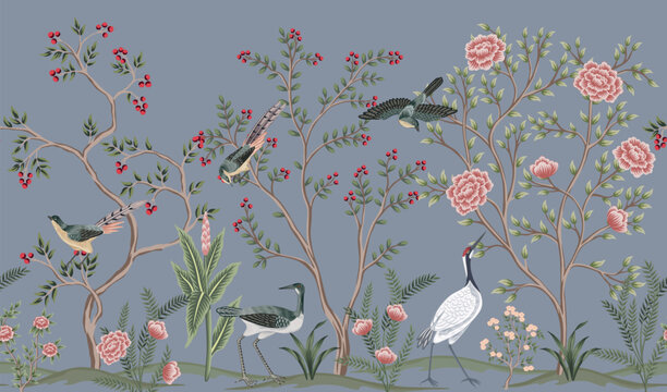 Vintage botanical garden tree, crane, bird, plant floral seamless border. Exotic chinoiserie mural.