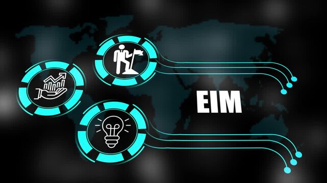 EIM concept with icons of business, responsibility, customers, integrity, goals, teamwork, commitment and innovation. 4k animation.