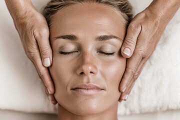 Naklejka premium A close-up of a serene woman receiving a gentle facial massage, eyes closed, hands softly touching her face, promoting relaxation and well-being in a spa setting.
