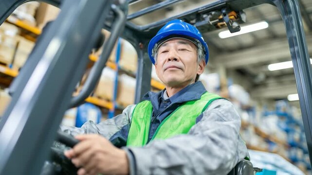 男性が倉庫でフォークリフト作業を行う様子