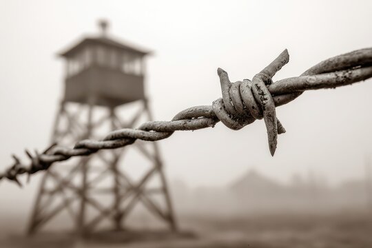 Barbed wire fence with a watchtower in the background, sepia tones, symbolizing confinement, restriction, and past conflicts. This image evokes history and memory.