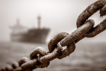 A close-up of a heavy, rusty chain links connecting strength and resilience, a large ship blurred in the misty background, creates a contrast of scale and time.