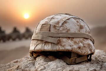 Obraz premium A military helmet with camouflage pattern rests on a rocky terrain at sunset, with army vehicles visible in the background, symbolizing defense readiness and service.