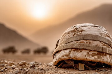 Obraz premium Camouflage military helmet lying on desert sand with army vehicles background, with a setting sun illuminating the scene, representing armed forces.