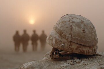 Obraz premium A camouflaged army helmet resting on rocks with soldiers silhouetted against a hazy sunset, evoking the solemnity and sacrifice associated with military service.