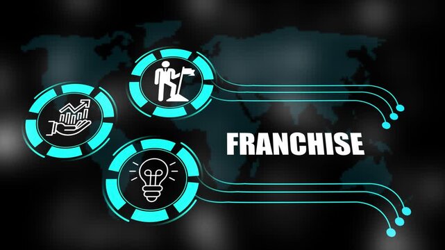 franchise concept with icons of business, responsibility, customers, integrity, goals, teamwork, commitment and innovation. 4k animation.