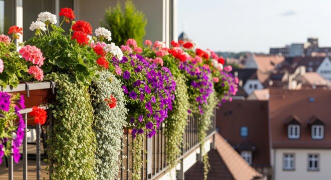 Blooming flower boxes on a balcony overlooking a European city street metaphor for urban greenery and window gardening