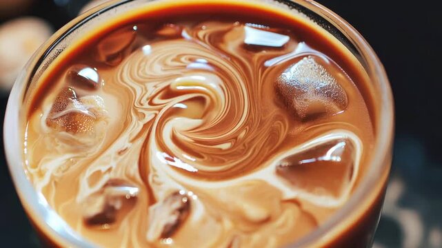 Close up of swirling iced coffee drink with milk and ice cubes