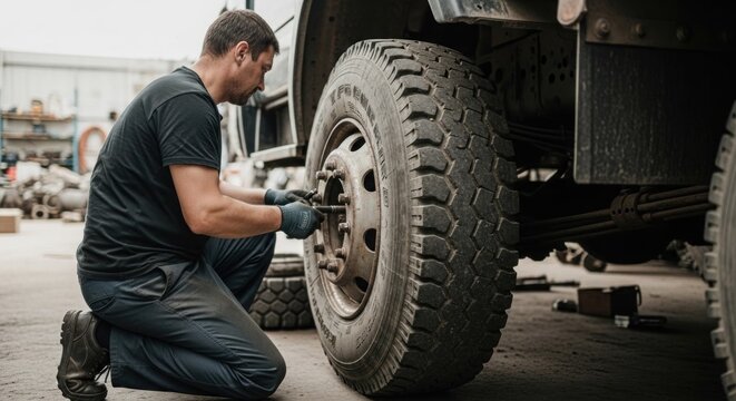 Mechanic Working on Truck Tire in Repair Shop.
