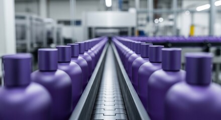 Purple Bottles on Conveyor Belt in Manufacturing Plant.