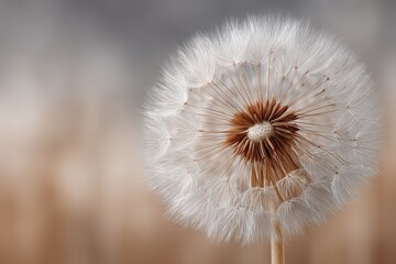 Fototapeta premium A close-up of a dandelion seed head against a soft, blurred background, creating a delicate and dreamy effect, showcasing nature's beauty and fragility in detail.
