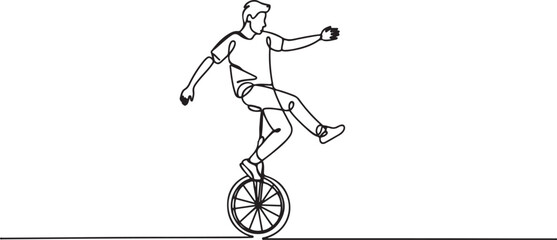 Single continuous line drawing a man in casual clothes standing on one leg on the seat of a unicycle. A show of skill and courage. Balance. One line draw graphic design vector © MstMoushumi