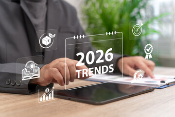 Business Trends 2026 Concept, Businessman Pointing at 2026 Calendar, Digital Transformation with AI...
