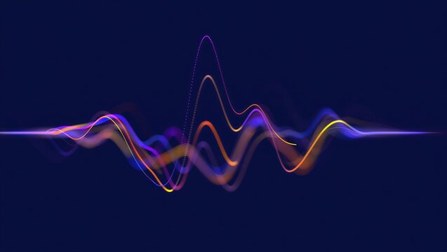 Abstract neon background glowing sound waves motion purple orange blue audio waves noise frequency waveform music track voice recording audio spectrum futuristic digital aesthetic cinematic