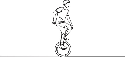 Single continuous line drawing a man in casual clothes standing on one leg on the seat of a unicycle. A show of skill and courage. Balance. One line draw graphic design vector © MstMoushumi