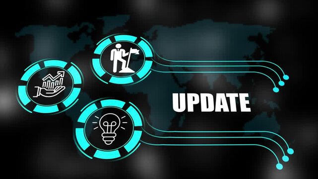 update concept with icons of business, responsibility, customers, integrity, goals, teamwork, commitment and innovation. 4k animation.